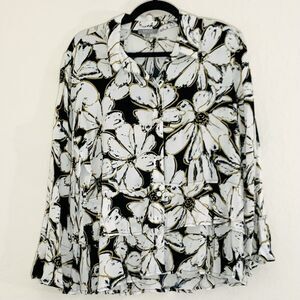 Habitat Blouse Women M White Black Floral Button Up Artsy Feminine Career Office